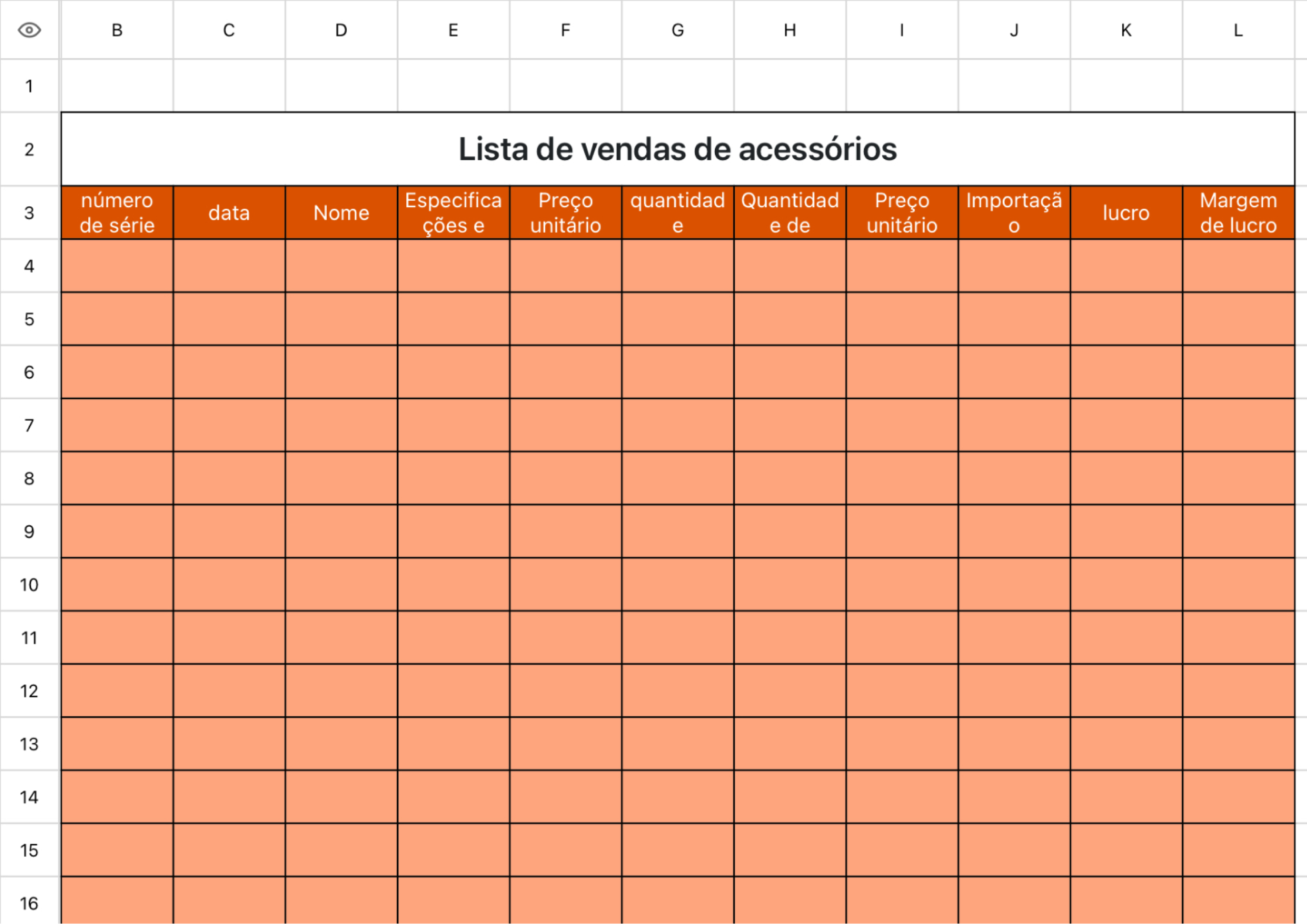 Lista de vendas de acessórios